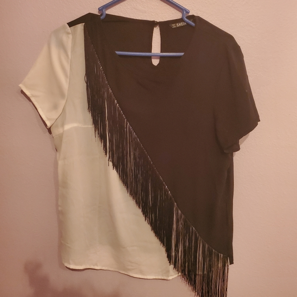 Fringe trim two tone blouse